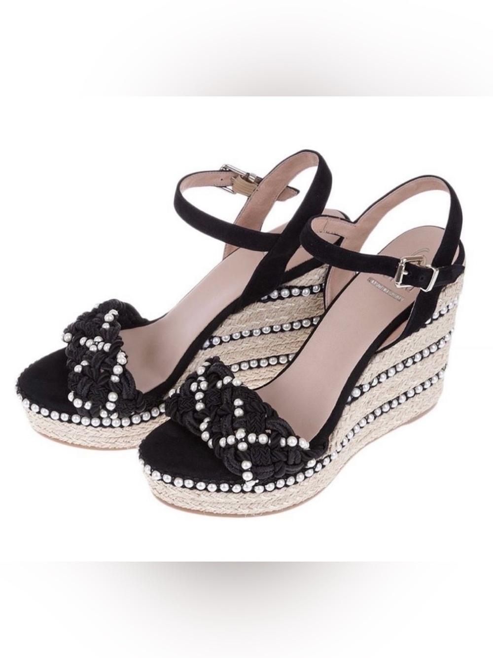 KANNA Black Pearl-Embellished Wedge Sandals / Heels Size 39